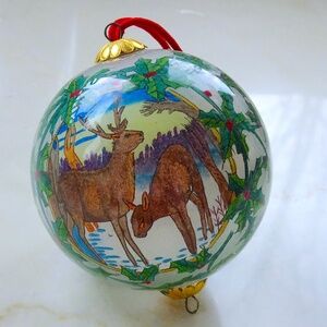 Vintage Glass Orb Christmas Ornament - Snowy Winterscape Nature Lover Deer Decor